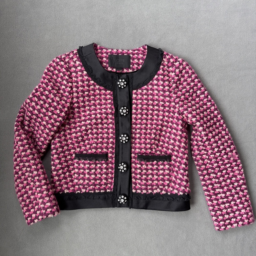JCrew Lady Jacket Pink Tweed Boucle Embellished Button Cropped Wool Silk Sz 2‎